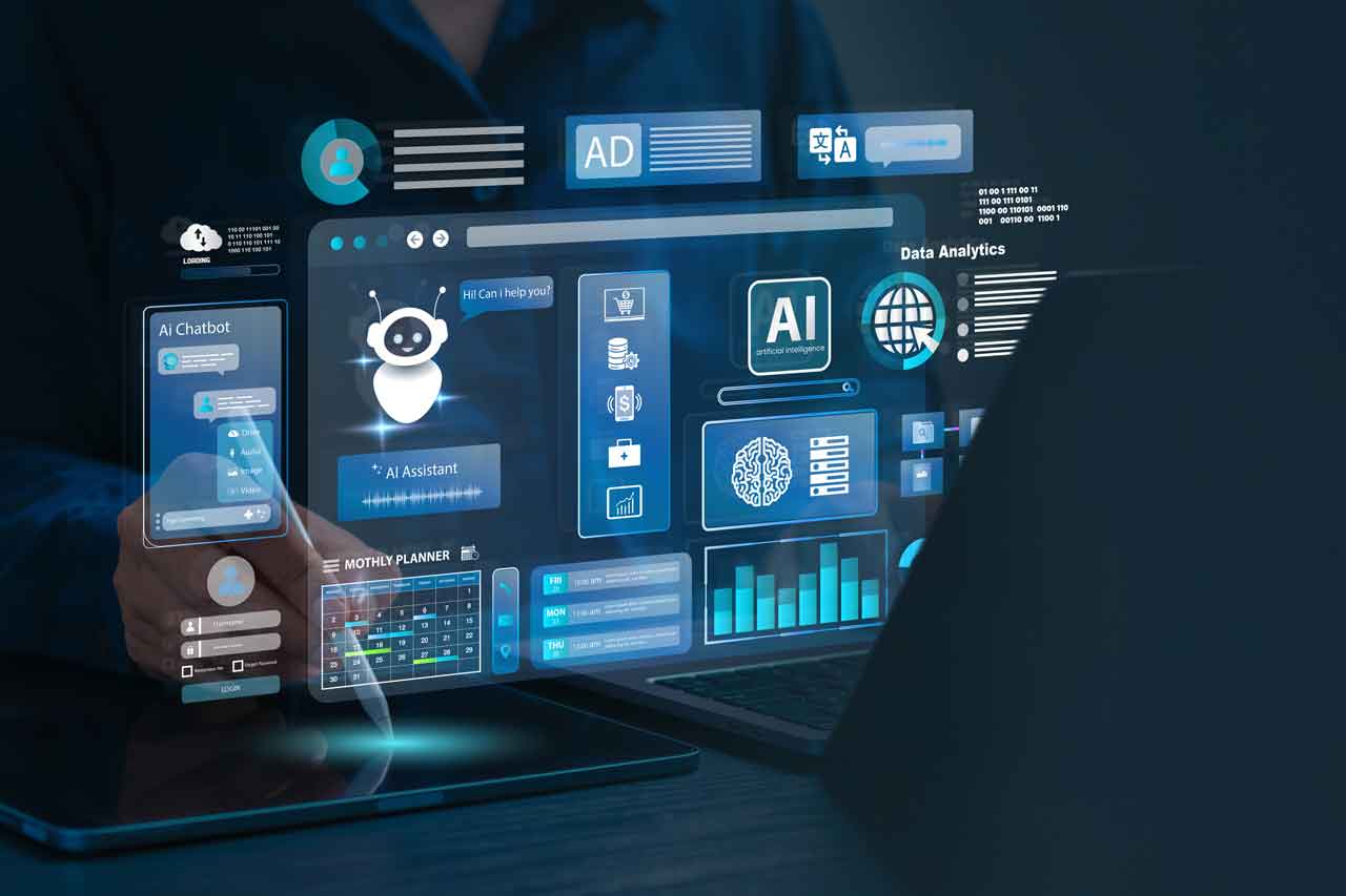 AI agent and generative artificial intelligence concept. Businessman using AI agents on screen, including chatbots, AI assistants, and data analytics tools on a laptop. LLM, Ai agentic workflows.