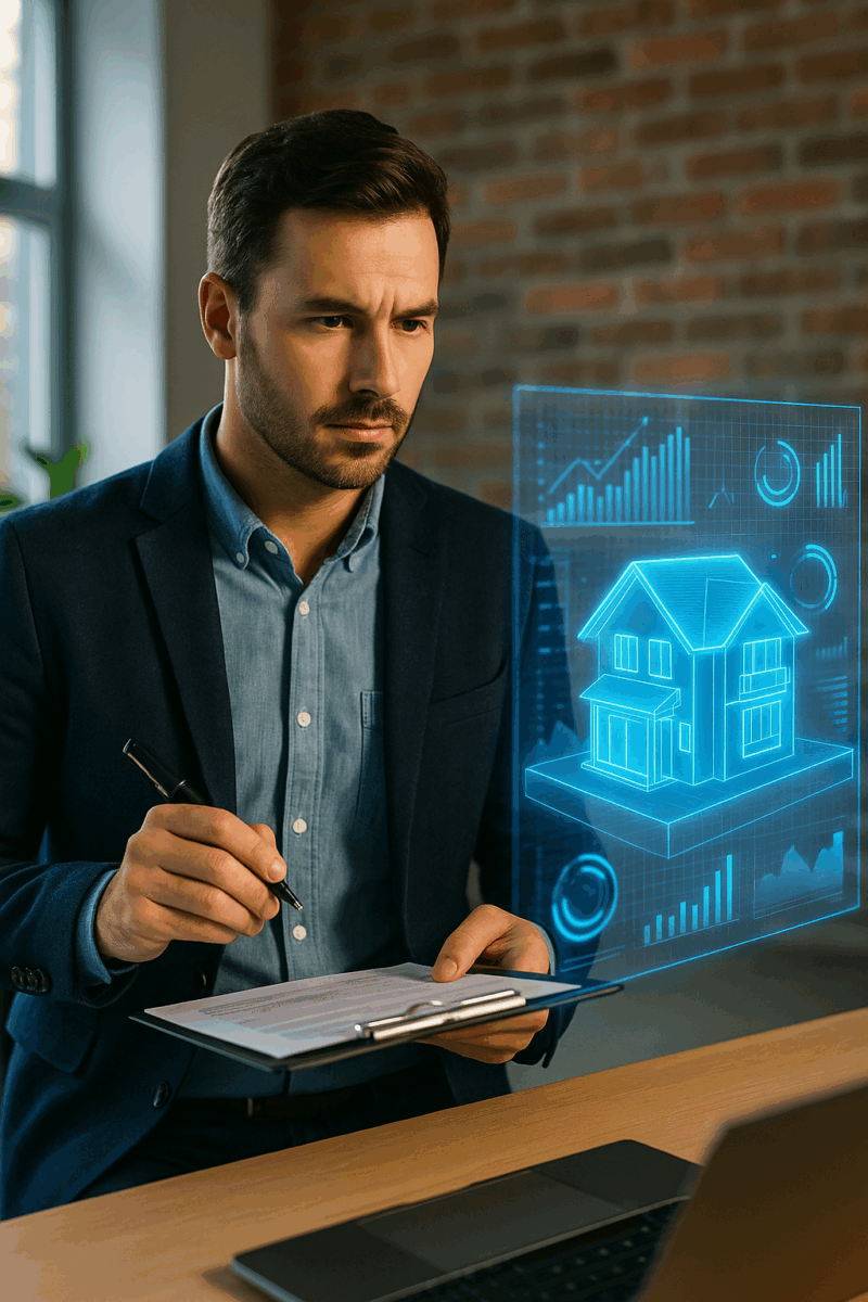 Real Estate agent in his office reviewing AI computer projected house data