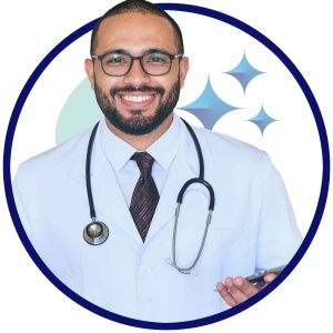 Happy healthcare clinician holding a tablet using AI agent handling paperwork.